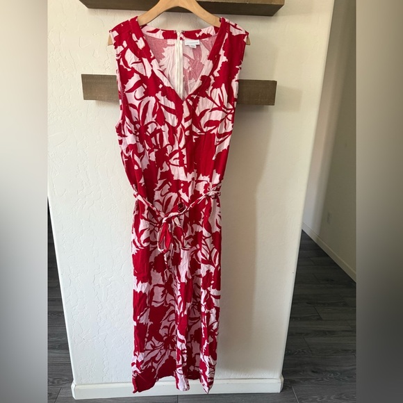 Liz Claiborne|Floral Linen sleeveless wide leg jumpsuit,red/white tropical print - Picture 6 of 13